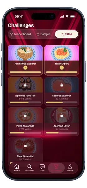 Schermata Titoli di Vimini con i titoli ottenuti Asian Food Explorer e Italian Expert e i progressi verso Japanese Food Fan, Seafood Explorer, Pizza Aficionado, Aperitivo Lover e Meat Specialist.