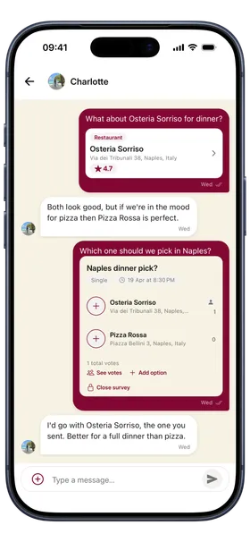 Chat di Vimini con Charlotte con la scheda del ristorante Osteria Sorriso e un sondaggio per la cena a Napoli con due ristoranti e i relativi voti.