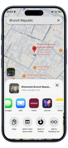 Google Maps con Ristorante Brunch Republic Mestre e il menu di condivisione aperto con Vimini tra le app.
