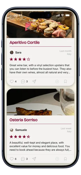 Home di Vimini con i vimini degli amici Sara e Samuele per Aperitivo Cortile e Osteria Sorriso, ognuno con foto, stelle e una nota.