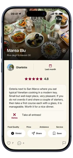 A saved vimini for Marea Blu with a food photo, visit date, rating, notes, and dishes.
